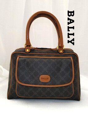 BALLY Handbag Vintage Brown Monogram Satchel Leather Trims Lining Flap Pocket